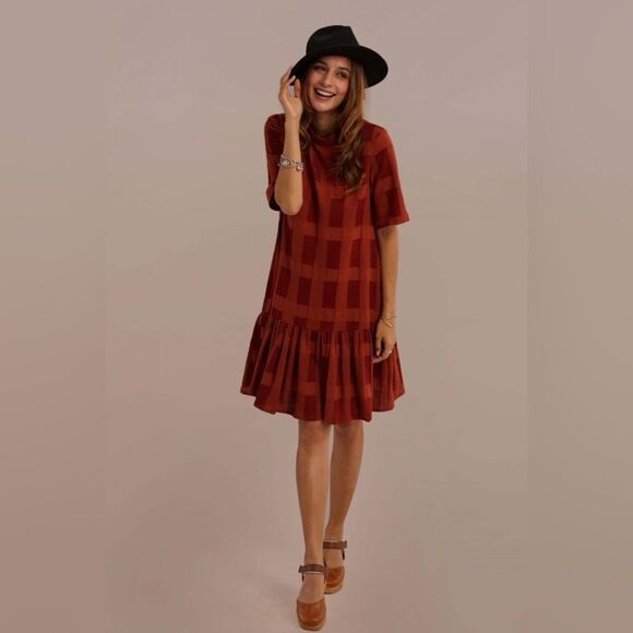 Pando grove Rust Half Sleeve Round Neck Natural
Cotton Plaid Mini Dress Sz S - Picture 2 of 14